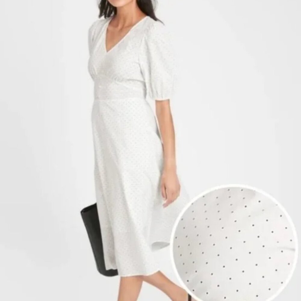 Banana Republic Factory Black White Polka Dots Puff Sleeve Midi Dress Size 8 EUC